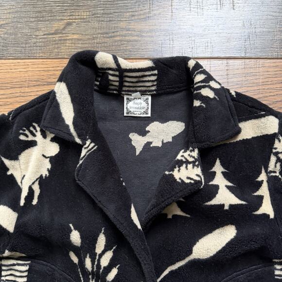Vintage Simply Irresistible Fleece Jacket Moose Tree Canoe Print Black Tan Sz M - Picture 4 of 7
